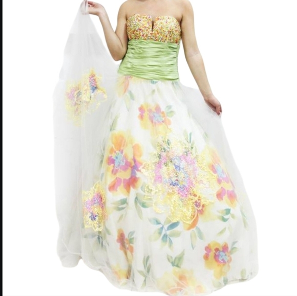 Jovani White Green Poofy Pink Floral Sequined Corset Prom Dress Size 14 - Picture 1 of 16